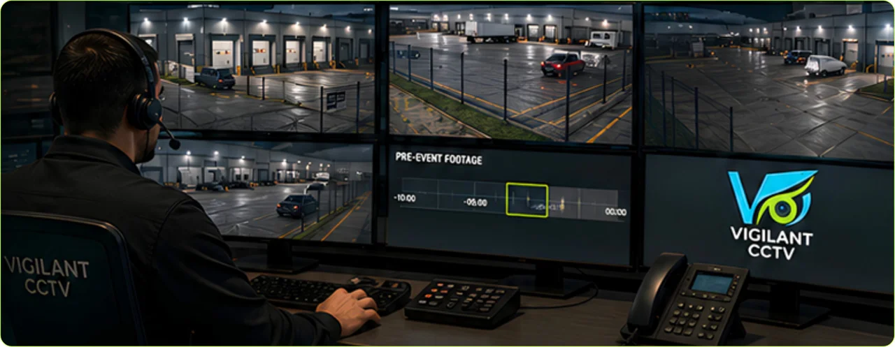 CCTV monitoring operator reviewing live and pre-event footage from a commercial warehouse security system.