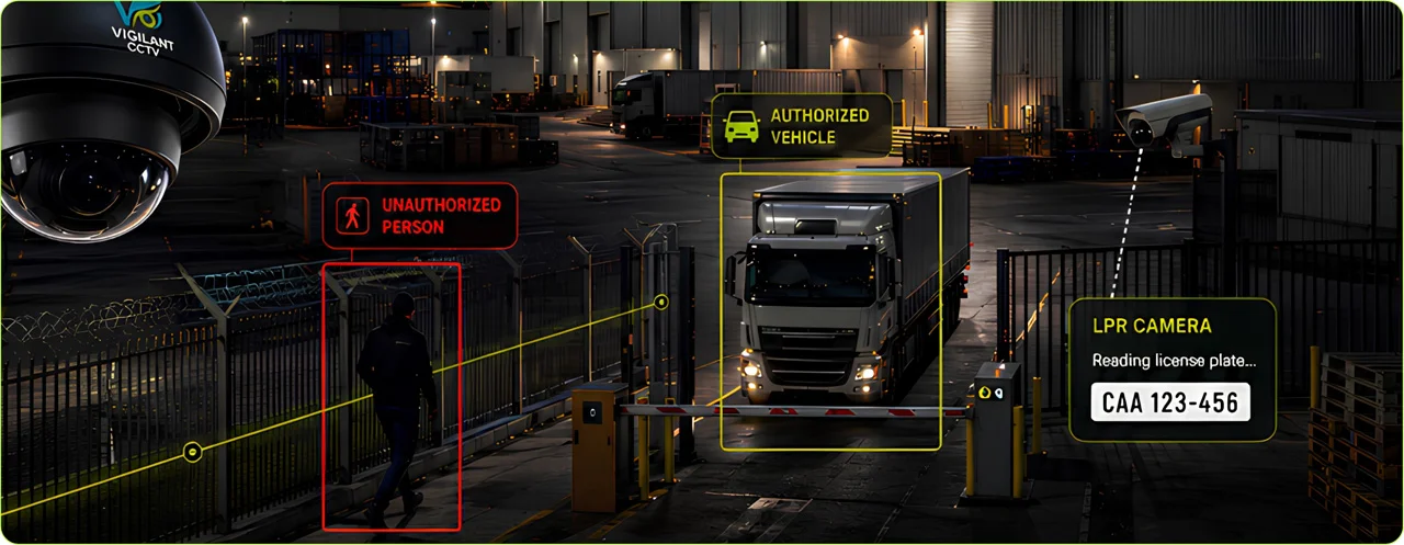 AI perimeter monitoring at a commercial warehouse, showing an unauthorised person alert, authorised truck classification and licence plate recognition at the access gate.