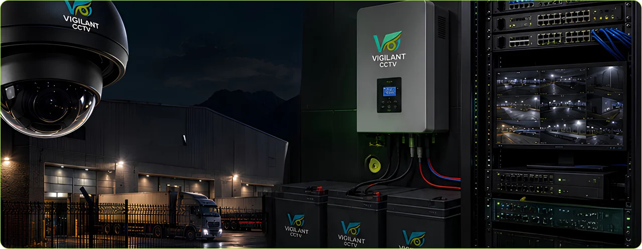 Commercial warehouse CCTV infrastructure with backup power, inverter, battery bank, network equipment and continuous monitoring.