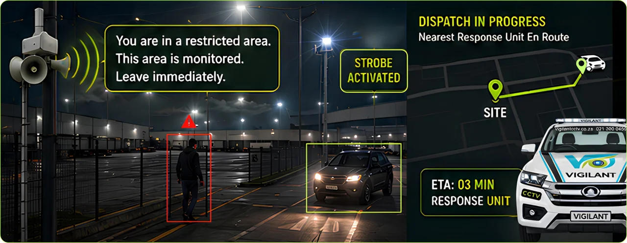 Commercial warehouse security response showing live audio deterrence, strobe activation and a response unit dispatched to a verified intrusion.