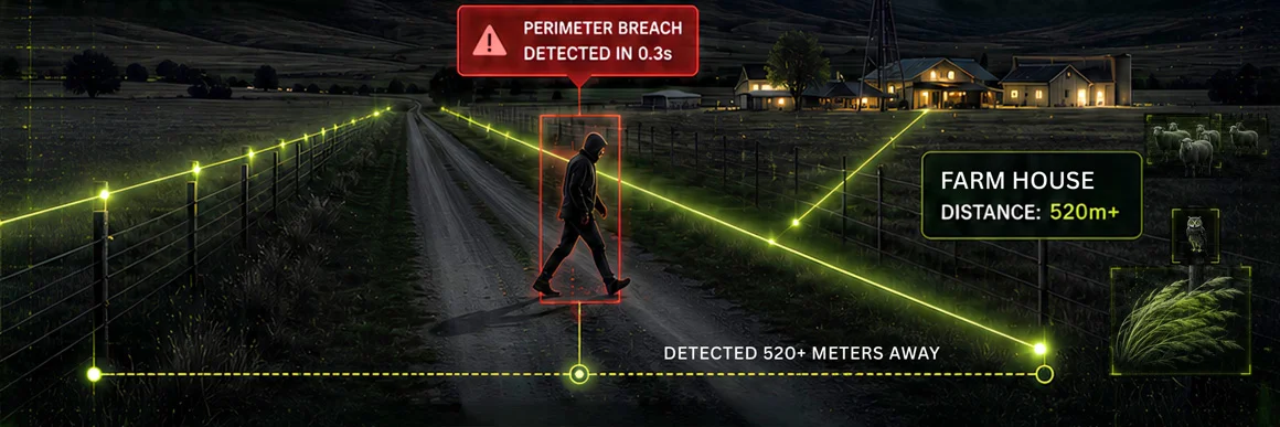 AI-powered farm security camera detecting a person crossing a virtual tripwire more than 500 metres from a home.