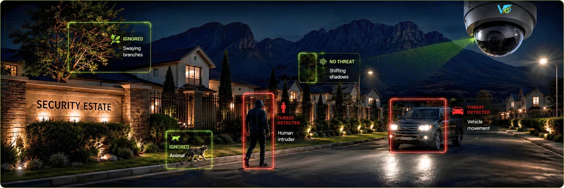 Night-time residential estate monitored by AI-powered CCTV cameras and intelligent security alerts.