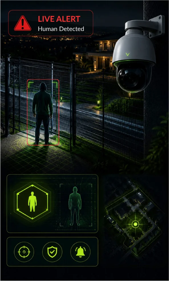 AI CCTV detects a person crossing a residential estate perimeter and creates a live security alert.