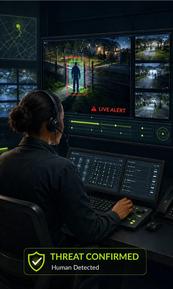 Control-room operator reviewing live and pre-event footage from a residential estate perimeter alert.