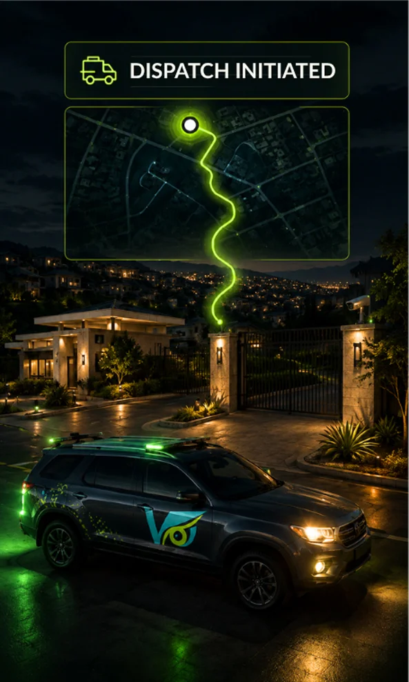 Residential estate security response vehicle dispatched after a verified perimeter intrusion.